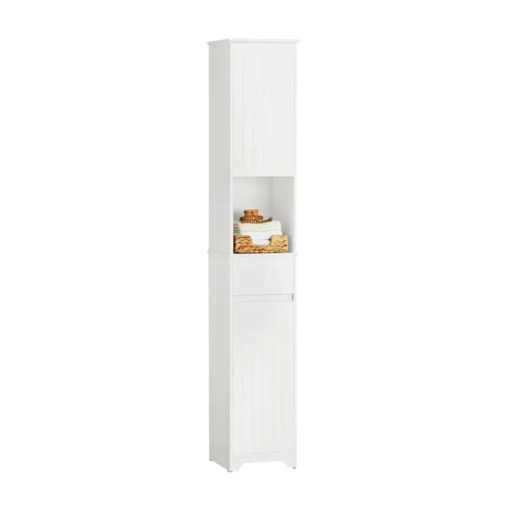 SoBuy BZR109-W Coloană de baie albă înaltă cu 2 dulapuri și compartiment deschis - Dulap economisitor de spațiu 30x30x170cm