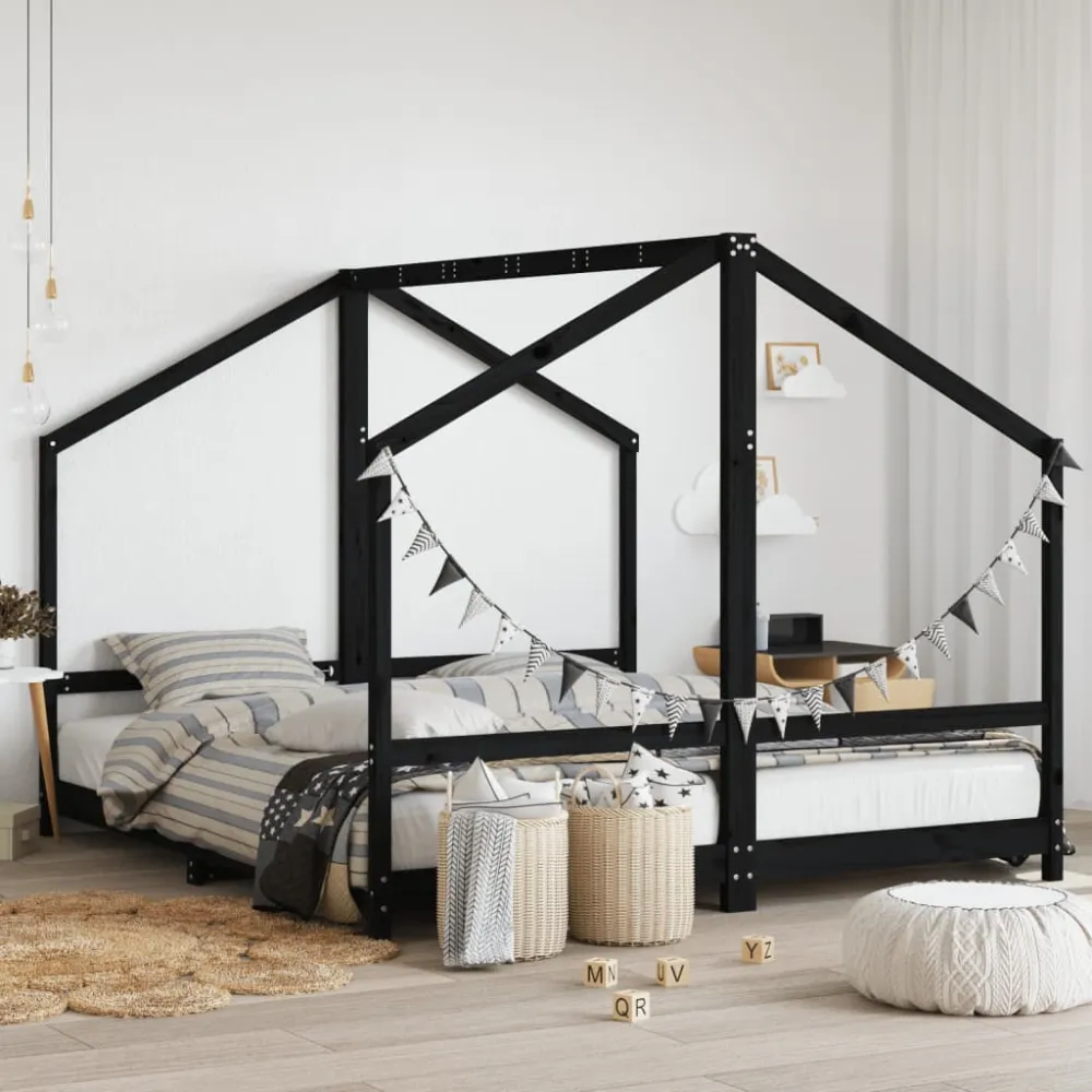 Cadru de pat pentru copii negru 2x(90x200) cm lemn masiv de pin