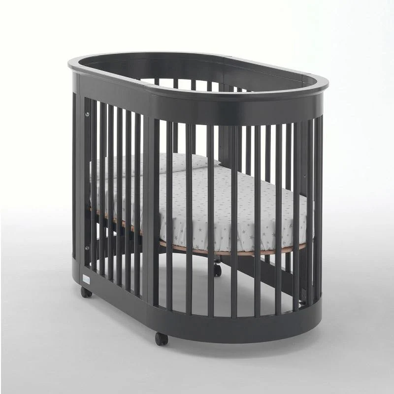 Patut Bebe Oval Laterala Culisanta - Olalla Negru Azzurra cu Saltea și Lenjerie Pat