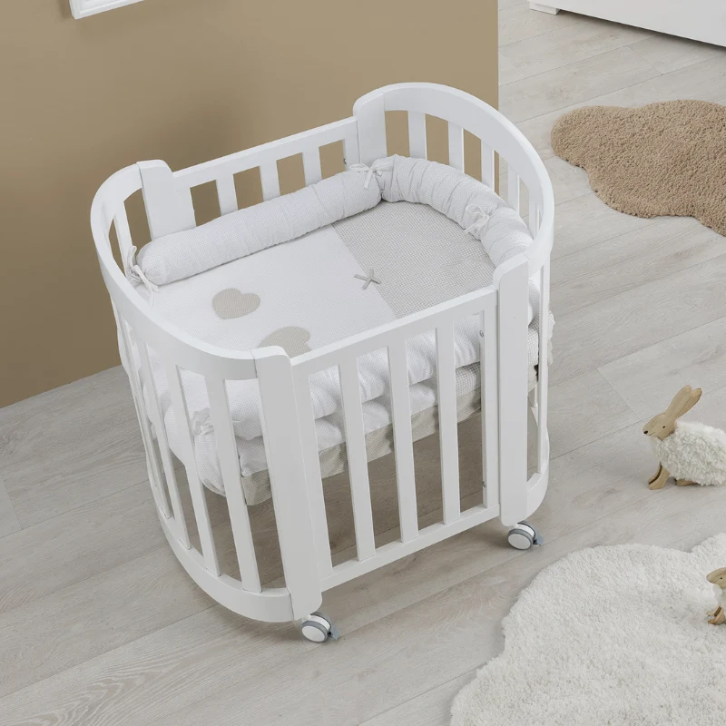 Patut bebelusi Montessori Transformabil Oval Sweet Lemn de Fag Design Italian Alb & Saltea Inclusa