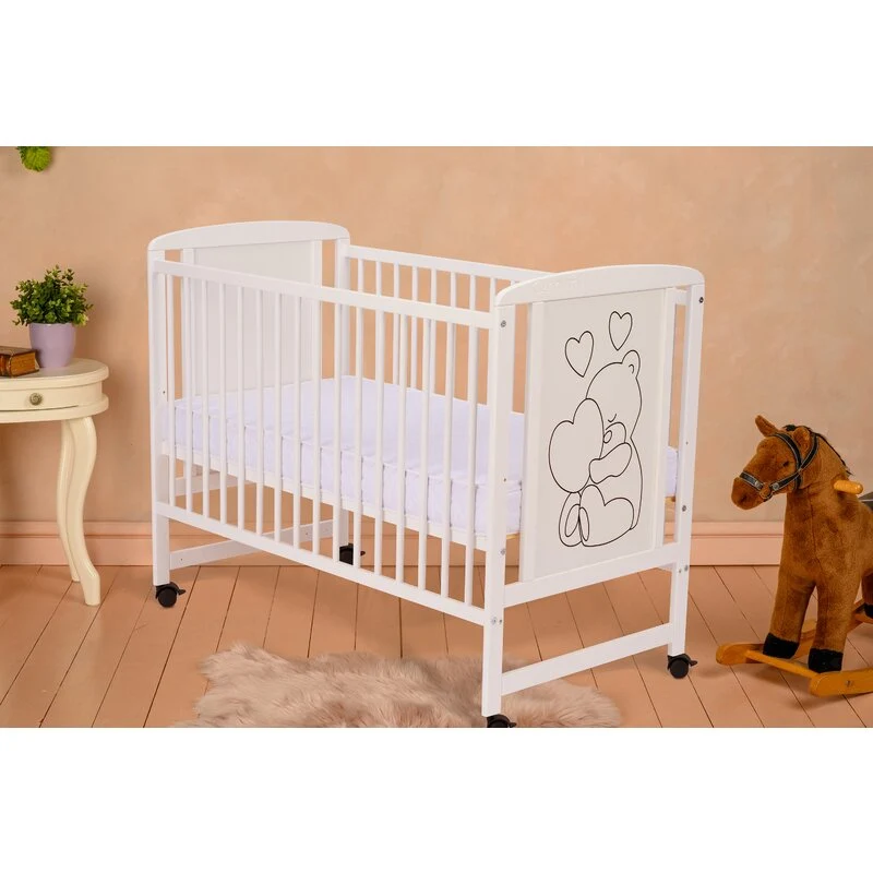 Patut din lemn bebe, 120x60 cm, Din lemn de pin si mdf, Stabil si rezistent, Inaltime saltea reglabila pe 3 nivele, Latera...