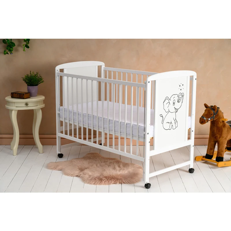 Patut din lemn bebe, 120x60 cm, Cu laterala culisanta, Din lemn de pin si mdf, Stabil si rezistent, Inaltime saltea reglab...