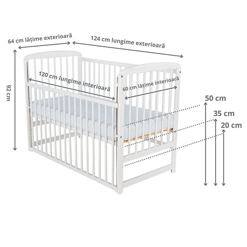 Patut din lemn bebe, 120x60 cm, Cu laterala culisanta, Din lemn de pin, Stabil si rezistent, Inaltime saltea reglabila pe...