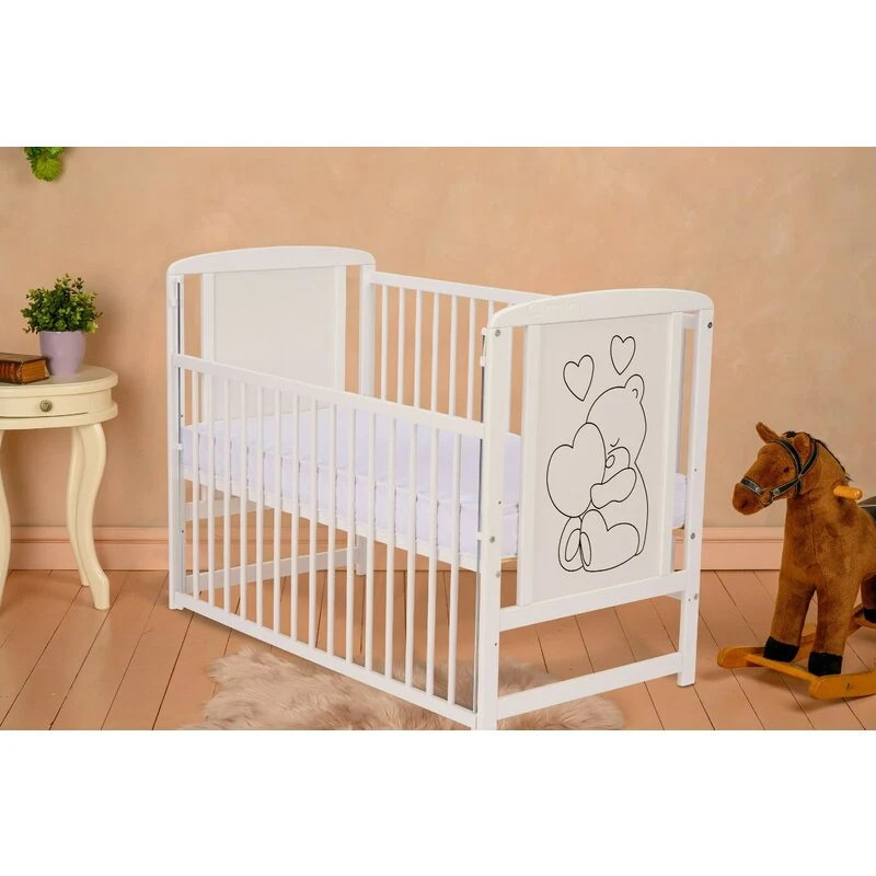 Patut din lemn bebe, 120x60 cm, Cu laterala culisanta, Din lemn de pin si mdf, Stabil si rezistent, Inaltime saltea reglab...