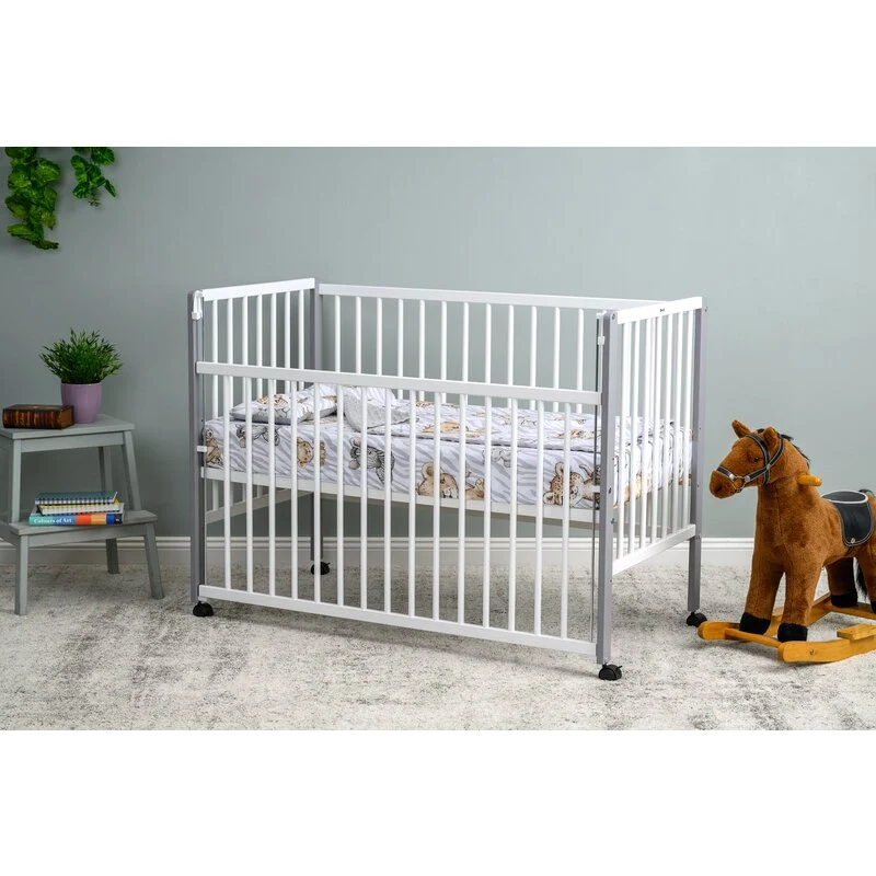 Patut din lemn bebe, 120x60 cm, Cu laterala culisanta, Din lemn de pin, Stabil si rezistent, Inaltime saltea reglabila pe...