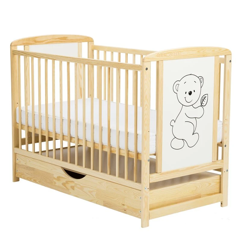 Patut din lemn bebe, 120x60 cm, Cu sertar cu capac, Din lemn de pin si mdf, Stabil si rezistent, Inaltime saltea reglabila...