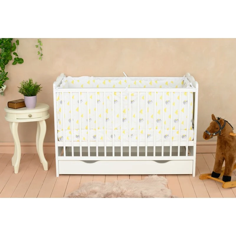 Patut din lemn bebe, 120x60 cm, Cu sertar, Cu sina speciala pentru dentitie, Multifunctional, EN716-1, EN716-2, Alb, Qmini...
