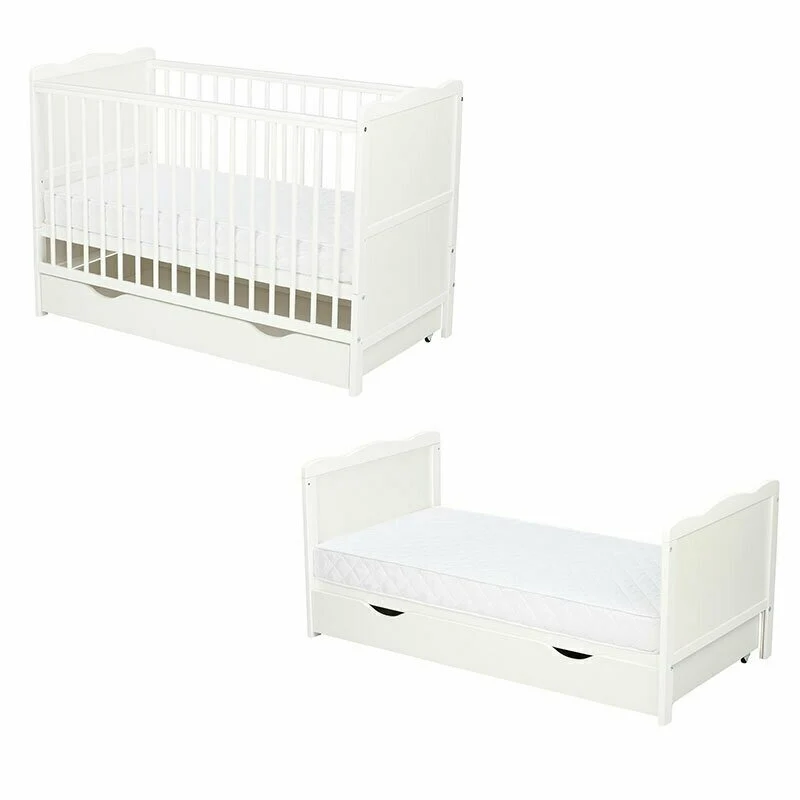 Patut din lemn bebe, 120x60 cm, Cu sertar, Cu sina speciala pentru dentitie, Multifunctional, EN716-1, EN716-2, Alb, Qmini...