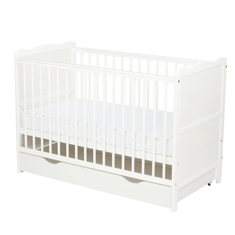 Patut din lemn bebe, 120x60 cm, Cu sertar, Cu sina speciala pentru dentitie, Multifunctional, EN716-1, EN716-2, Alb, Qmini...