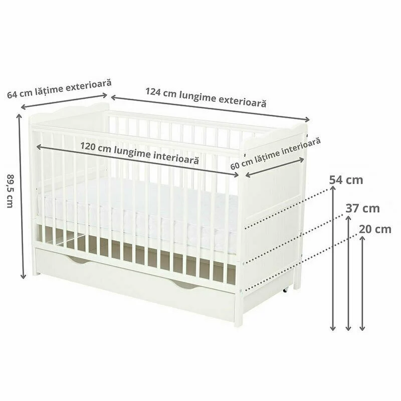 Patut din lemn bebe, 120x60 cm, Cu sertar, Cu sina speciala pentru dentitie, Multifunctional, EN716-1, EN716-2, Alb, Qmini...