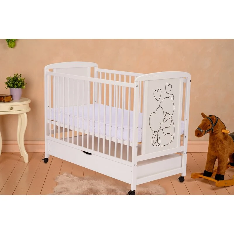 Patut din lemn bebe, 120x60 cm, Cu sertar, Din lemn de pin si mdf, Stabil si rezistent, Inaltime saltea reglabila pe 3 niv...