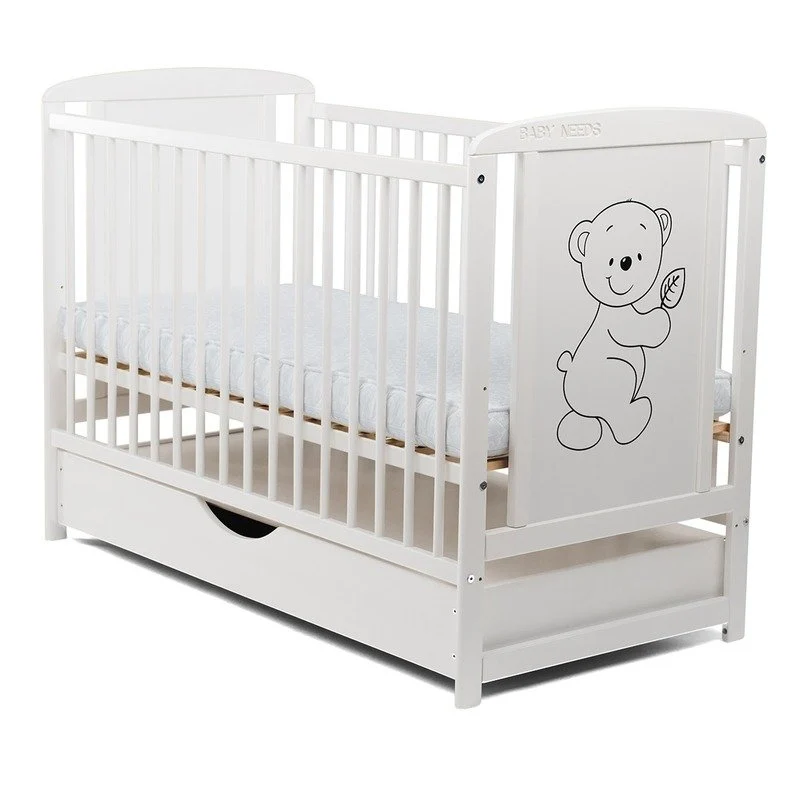 Patut din lemn bebe, 120x60 cm, Cu sertar cu capac, Din lemn de pin si mdf, Stabil si rezistent, Inaltime saltea reglabila...