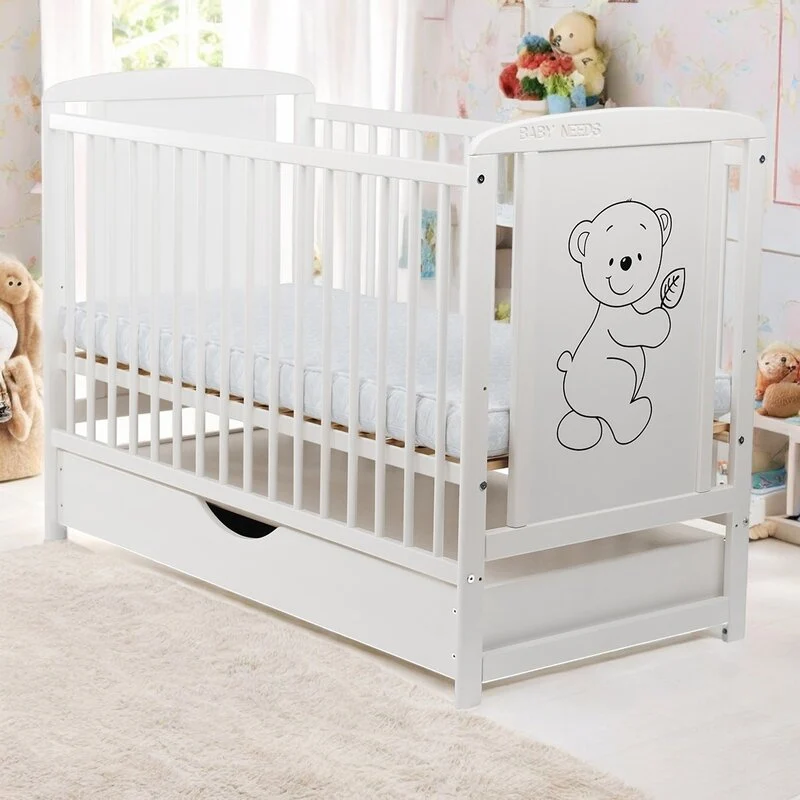 Patut din lemn bebe, 120x60 cm, Cu sertar cu capac, Din lemn de pin si mdf, Stabil si rezistent, Inaltime saltea reglabila...