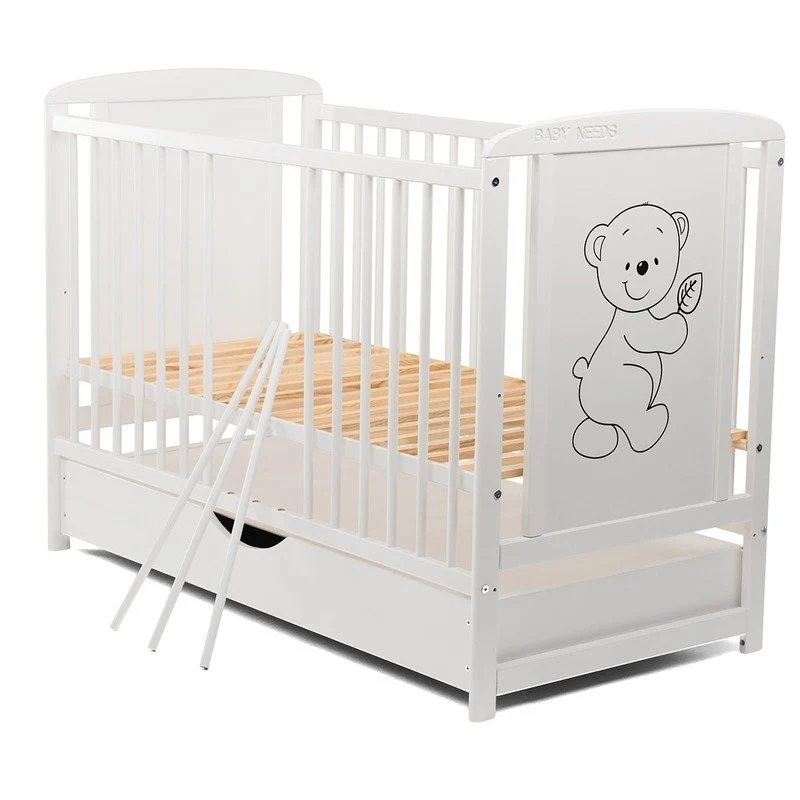 Patut din lemn bebe, 120x60 cm, Cu sertar cu capac, Din lemn de pin si mdf, Stabil si rezistent, Inaltime saltea reglabila...