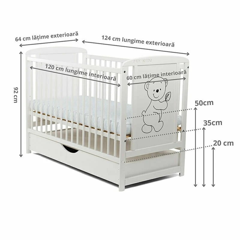 Patut din lemn bebe, 120x60 cm, Cu sertar cu capac, Din lemn de pin si mdf, Stabil si rezistent, Inaltime saltea reglabila...