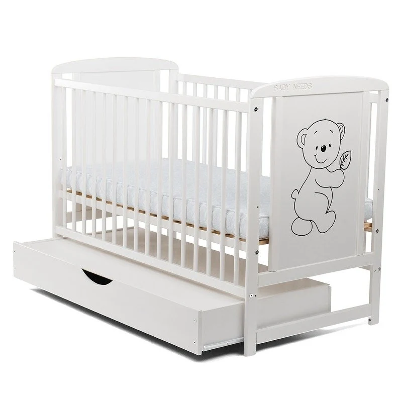 Patut din lemn bebe, 120x60 cm, Cu sertar cu capac, Din lemn de pin si mdf, Stabil si rezistent, Inaltime saltea reglabila...