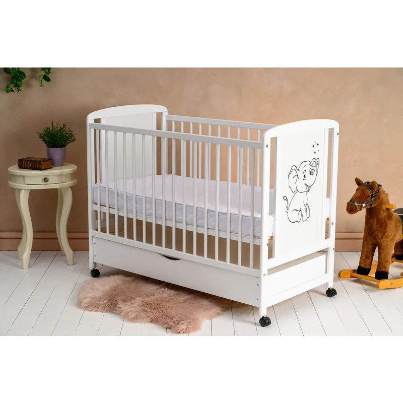 Patut din lemn bebe, 120x60 cm, Cu sertar, Din lemn de pin si mdf, Stabil si rezistent, Inaltime saltea reglabila pe 3 niv...