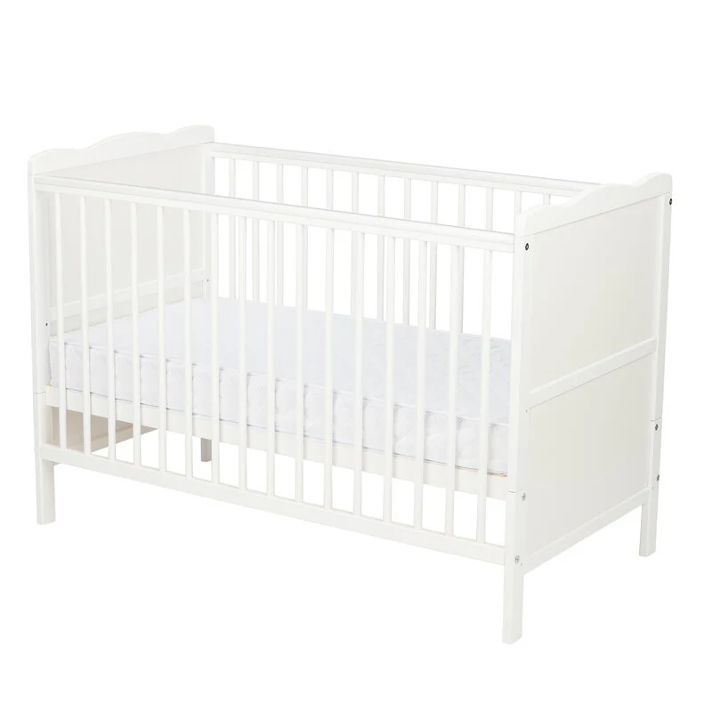 Patut din lemn bebe, 120x60 cm, Cu sina speciala pentru dentitie, Multifunctional, EN716-1, EN716-2, Alb, Qmini, Julia