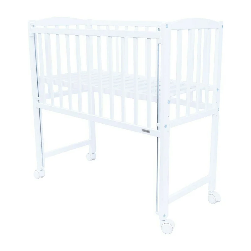 Patut din lemn bebe, 90x40 cm, Cu laterala culisanta, Cu roti, Certificat lemn FSC, Conform cu standardele de siguranta EN...