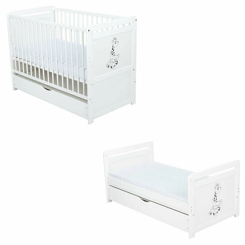 Patut din lemn bebe, Transformabil si pentru junior, 120x60 cm, Cu sertar cu capac, Din pin si mdf, Stabil si rezistent, I...