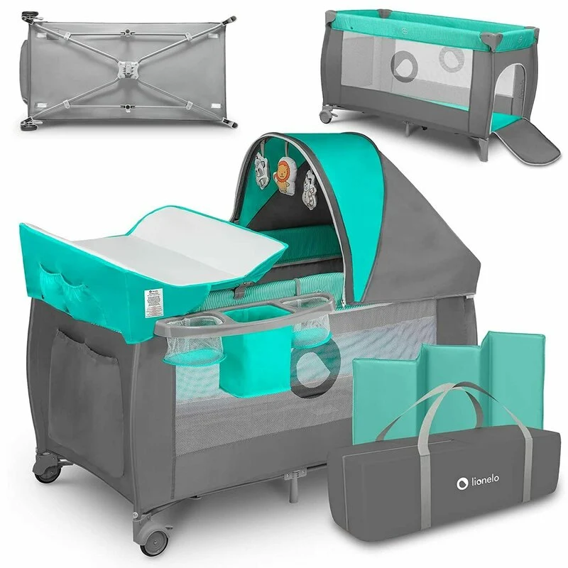 Patut pliant, Lionelo, Sven Plus, 120x60 cm, Cu doua nivele, Cu arcada jucarii, masuta de infasat, vibratii, melodii, conf...