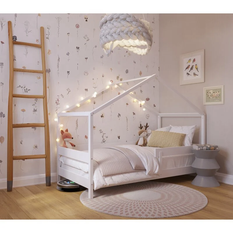 Patut tip casuta din lemn junior, 160x80 cm, Din lemn certificat FSC, Transformabil casuta de joaca, Cu bariera de protect...