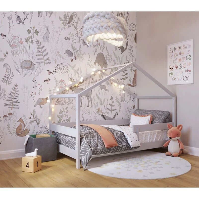 Patut tip casuta din lemn junior, 160x80 cm, Din lemn certificat FSC, Transformabil casuta de joaca, Cu bariera de protect...