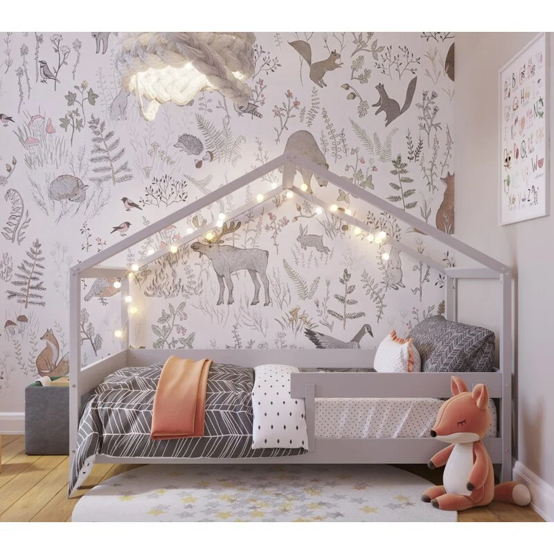 Patut tip casuta din lemn junior, 160x80 cm, Din lemn certificat FSC, Transformabil casuta de joaca, Cu bariera de protect...