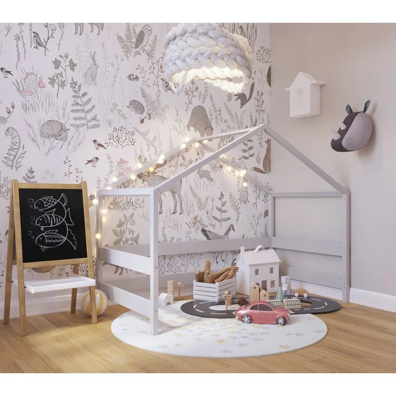 Patut tip casuta din lemn junior, 160x80 cm, Din lemn certificat FSC, Transformabil casuta de joaca, Cu bariera de protect...