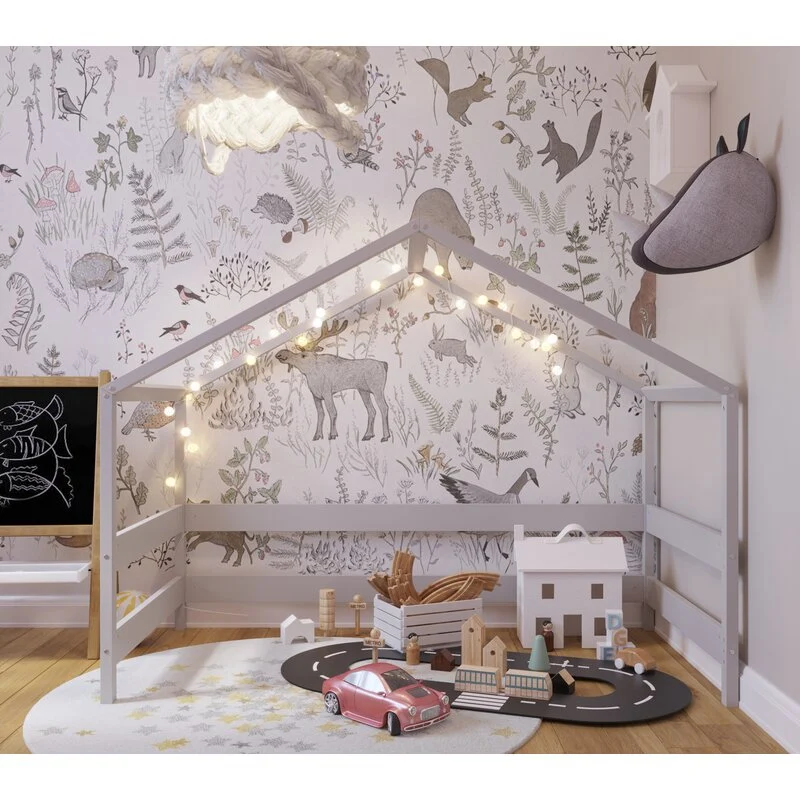 Patut tip casuta din lemn junior, 160x80 cm, Din lemn certificat FSC, Transformabil casuta de joaca, Cu bariera de protect...