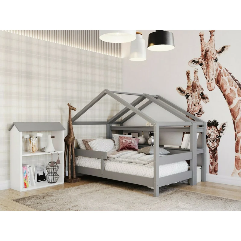 Patut tip casuta din lemn junior, 160x80 cm, Din lemn certificat FSC, Transformabil casuta de joaca, Cu bariera de protect...