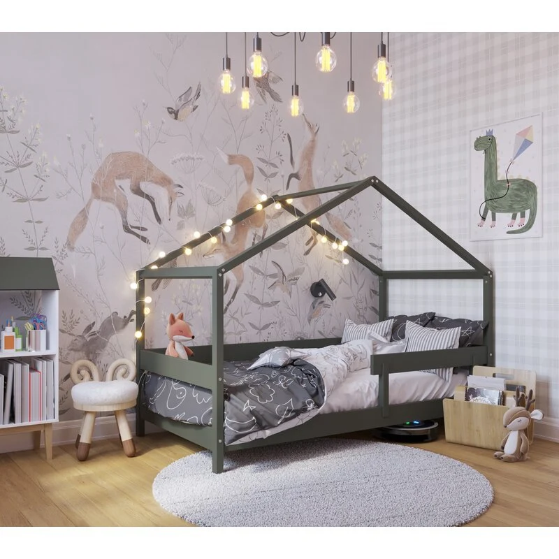 Patut tip casuta din lemn junior, 160x80 cm, Din lemn certificat FSC, Transformabil casuta de joaca, Cu bariera de protect...