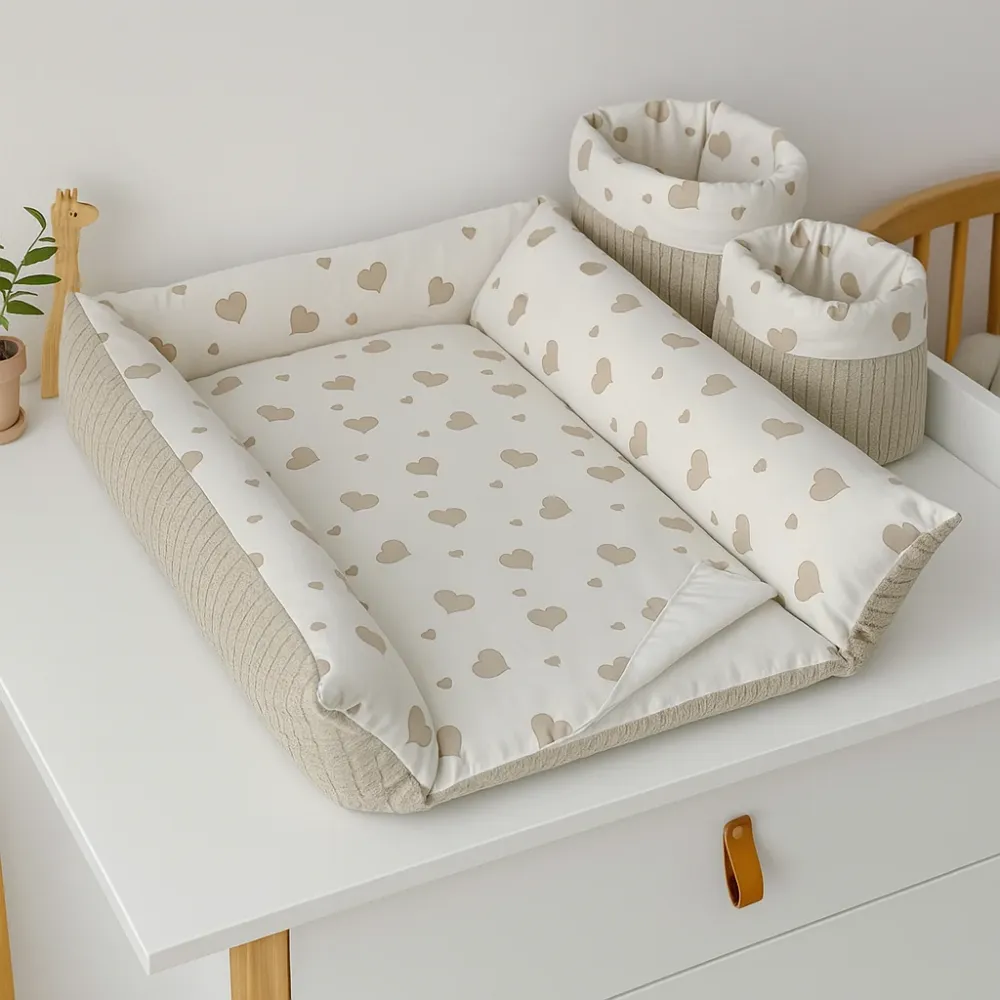 Salteluta Infasat Alba cu Imprimeu Inimioare Bej pentru Cabinet Scandi Ingvart