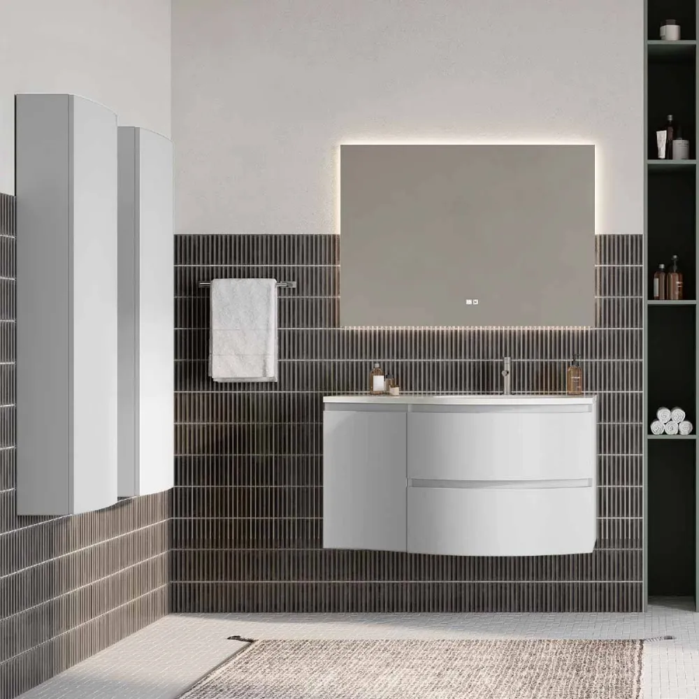 Set mobilier baie alb mat, coloana suspendata, lavoar incastrat alb și oglindă, 104 cm, SaviniDue Armonia