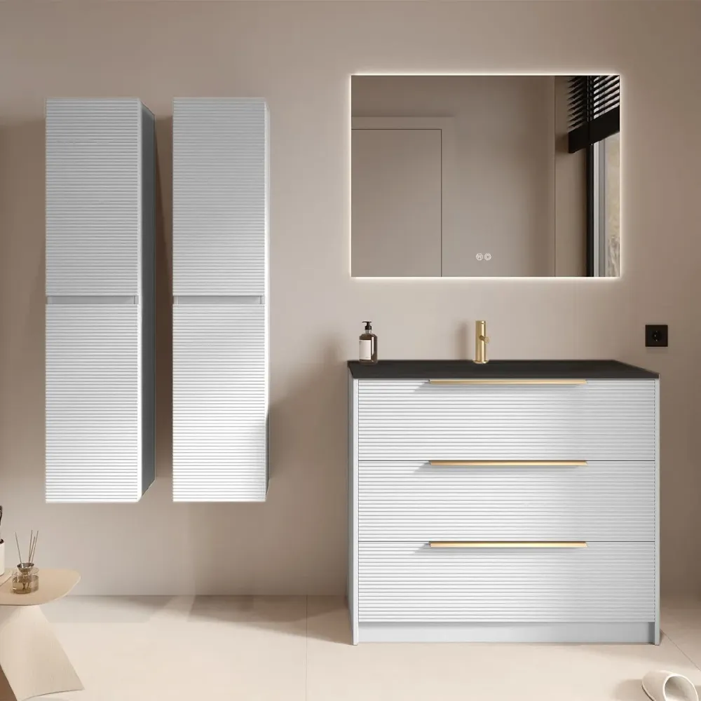 Set mobilier baie alb mat cu 2 coloane suspendate, lavoar incastrat negru mat și oglindă, cu riflaje Dogato, 100 cm, Savin...
