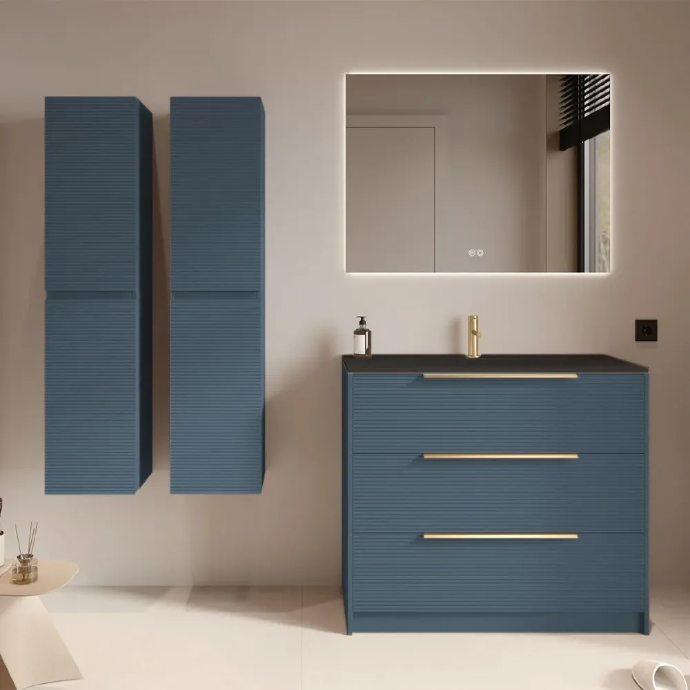 Set mobilier baie albastru cu 2 coloane suspendate, lavoar incastrat negru mat și oglindă, cu riflaje Dogato, 100 cm, Savi...