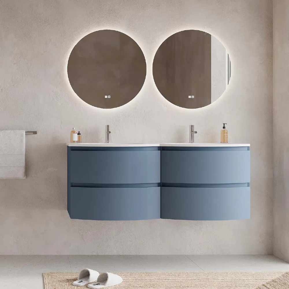 Set mobilier baie dublu suspendat albastru mat, lavoar alb incastrat si oglinda, 140 cm, SaviniDue Armonia