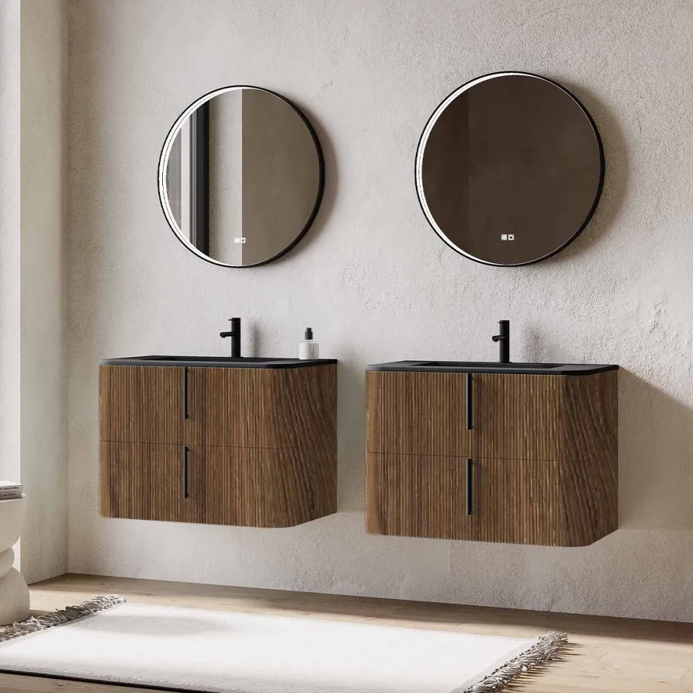 Set mobilier baie dublu suspendat imitatie lemn, lavoar negru incastrat si oglinda, 160 cm, riflaj Cannetatto, SaviniDue Lyra
