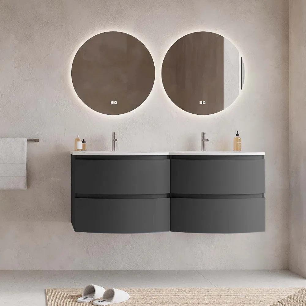 Set mobilier baie dublu suspendat negru mat, lavoar alb incastrat si oglinda, 140 cm, SaviniDue Armonia