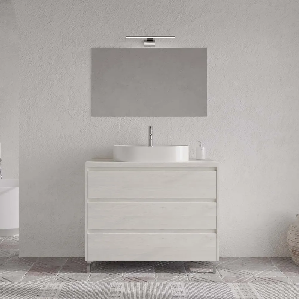 Set mobilier baie imitatie lemn gri, lavoar alb, lampa și oglindă, 100 cm, SaviniDue Lisbona