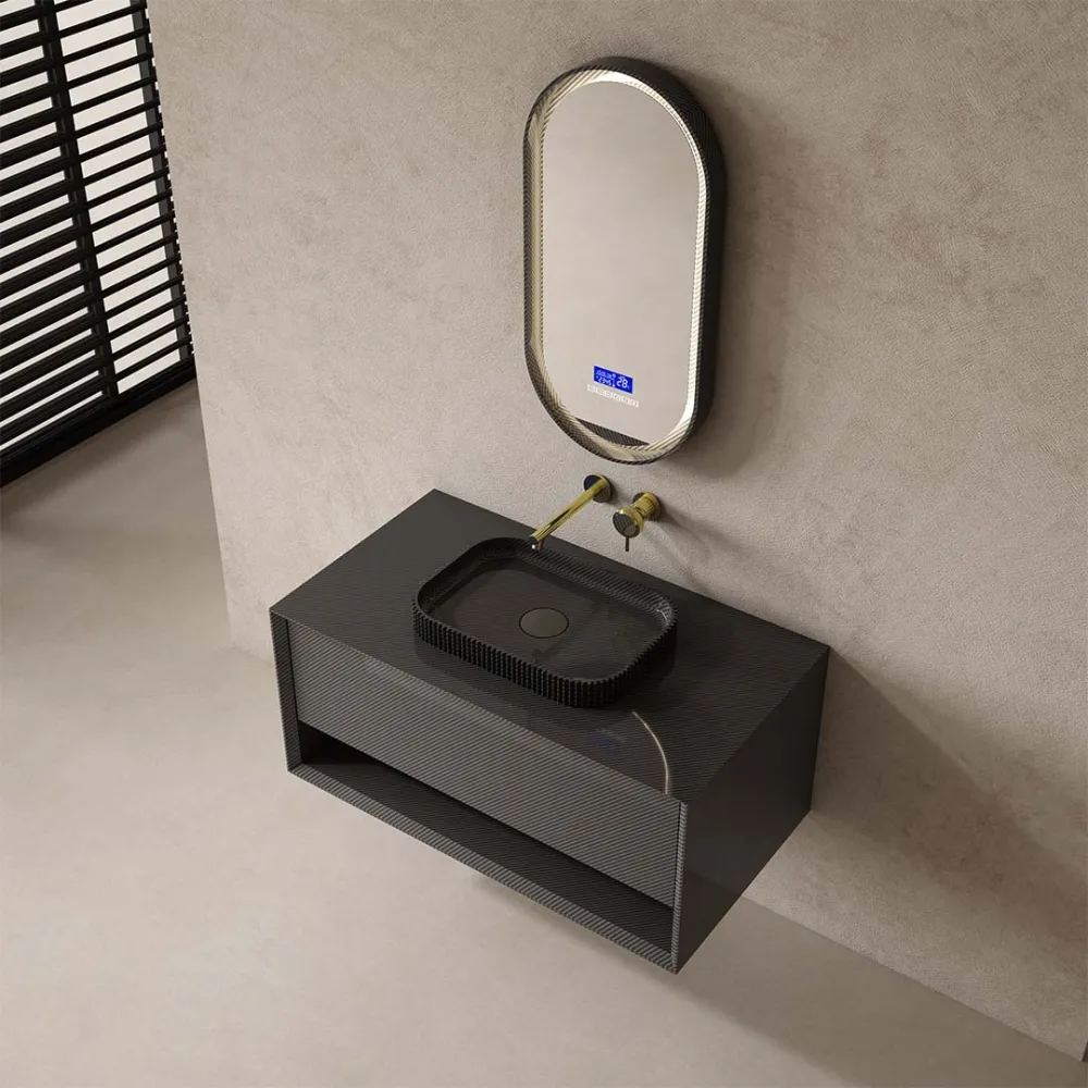 Set mobilier de baie cu lavoar pe blat si oglinda, 80 cm, fibra de carbon, negru, Monblari