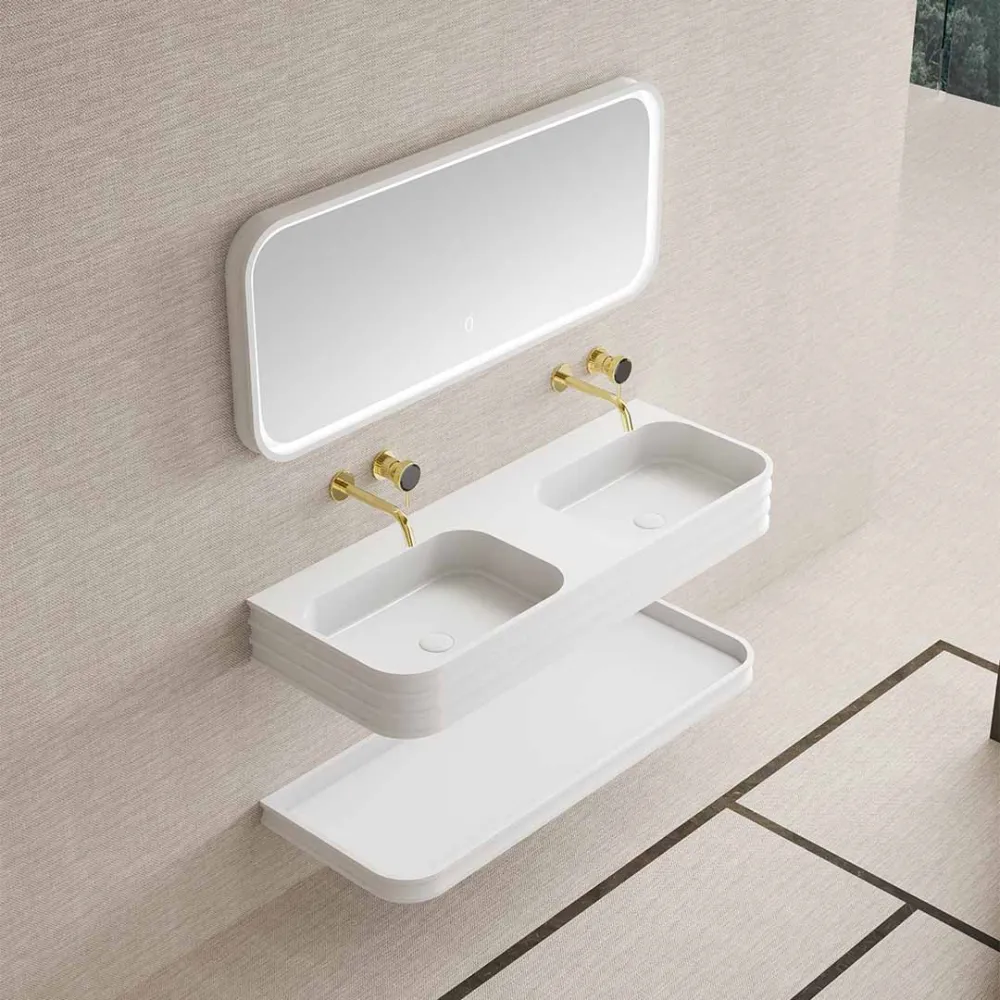 Set mobilier de baie cu lavoar dublu, raft si oglinda, 120 cm, colturi rotunjite, din compozit, alb, MonBlari