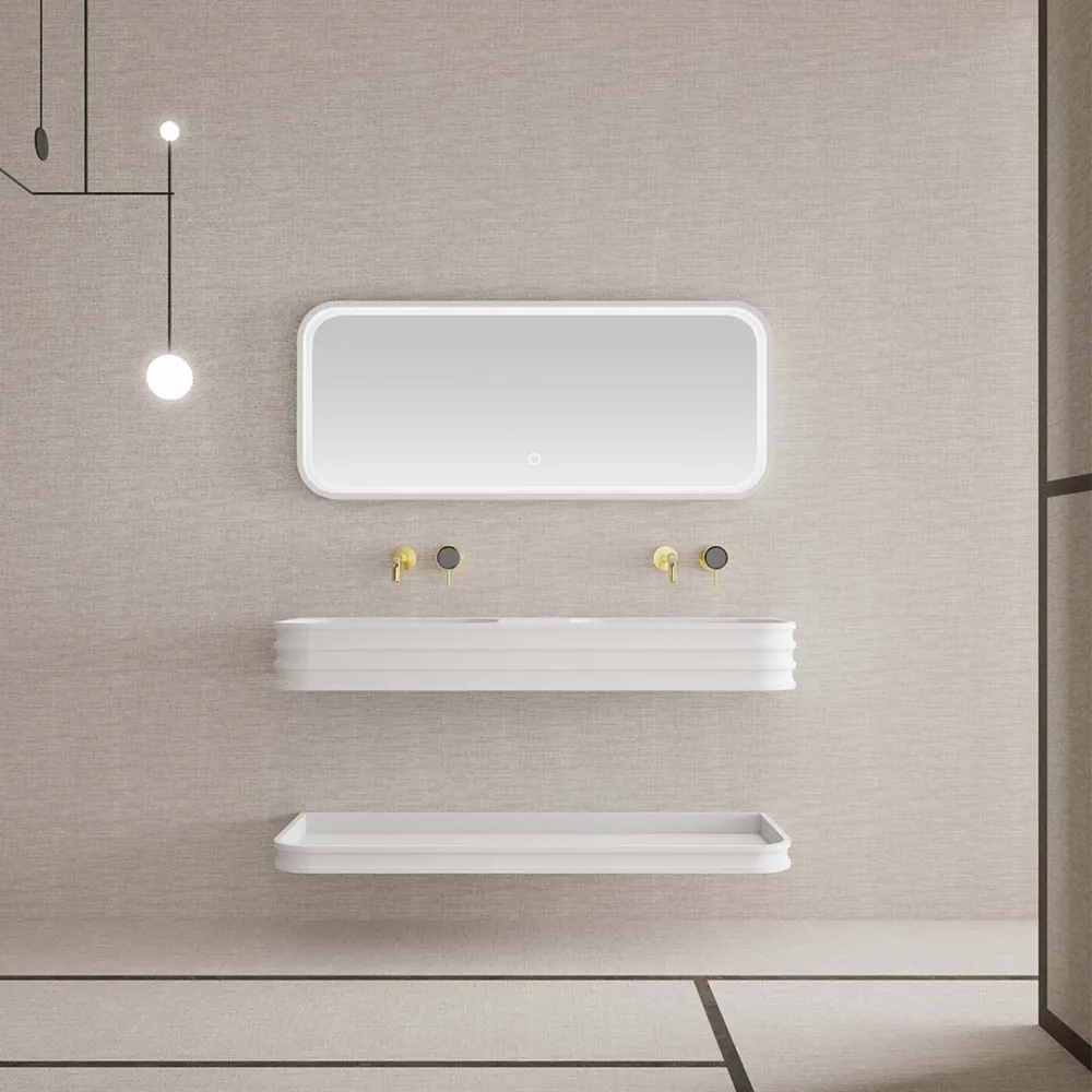 Set mobilier de baie cu lavoar dublu, raft si oglinda, 120 cm, colturi rotunjite, din compozit, alb, MonBlari