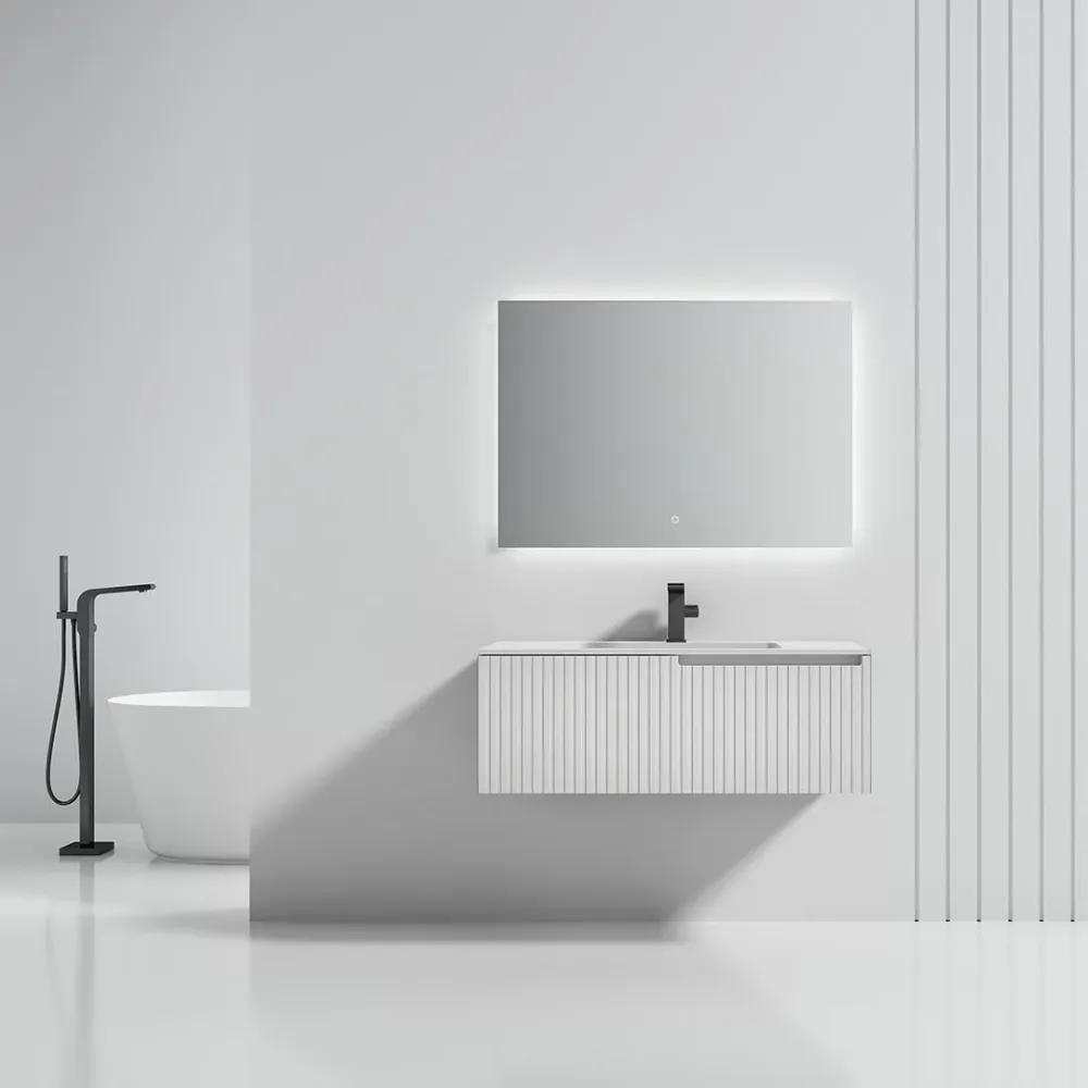 Set mobilier de baie cu lavoar incastrat si oglinda LED, 100 cm, din compozit si MDF, alb mat, MonBlari