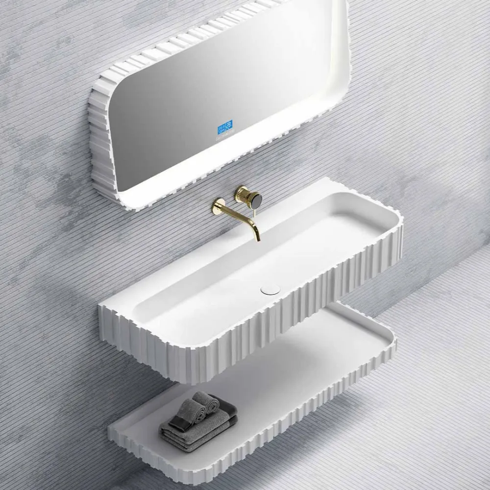 Set mobilier de baie cu lavoar pe perete, raft si oglinda LED, 100 cm, colturi rotunjite, din compozit, alb, MonBlari