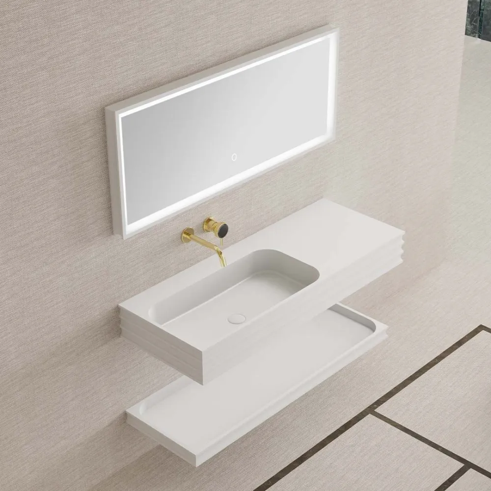 Set mobilier de baie cu lavoar pozitionat pe stanga, raft si oglinda, 120 cm, din compozit, alb, MonBlari