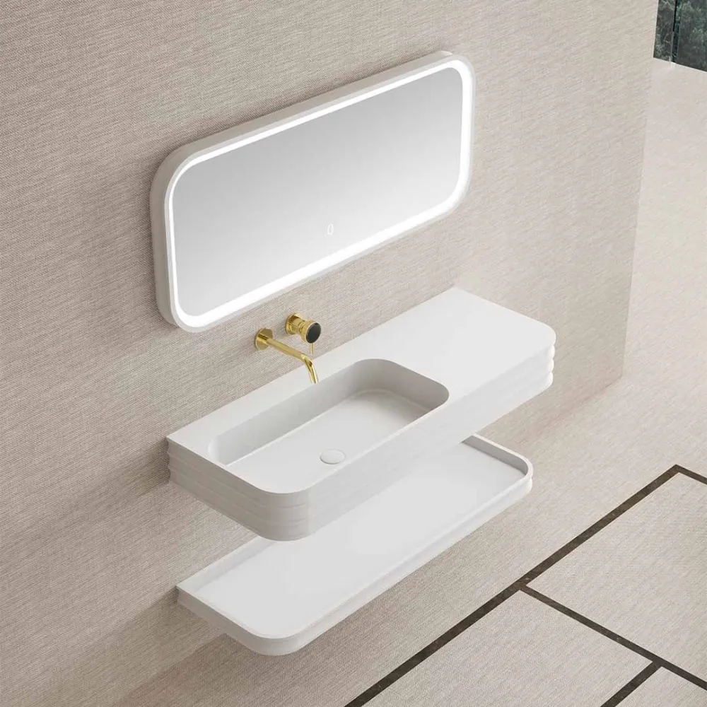 Set mobilier de baie cu lavoar pozitionat pe stanga, raft si oglinda, 100 cm, colturi rotunjite, din compozit, alb, MonBlari