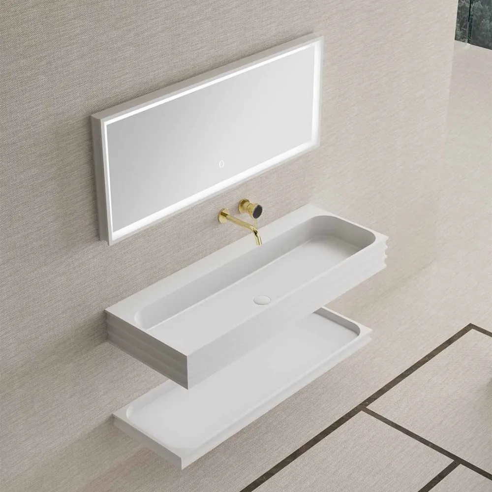 Set mobilier de baie cu lavoar, raft si oglinda, 120 cm, din compozit, alb, MonBlari