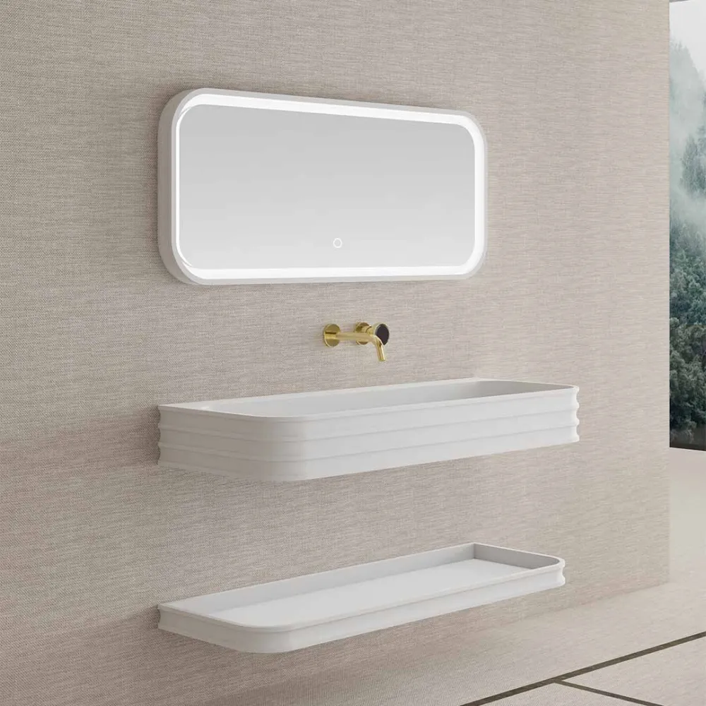 Set mobilier de baie cu lavoar, raft si oglinda, 80 cm, colturi rotunjite, din compozit, alb, MonBlari