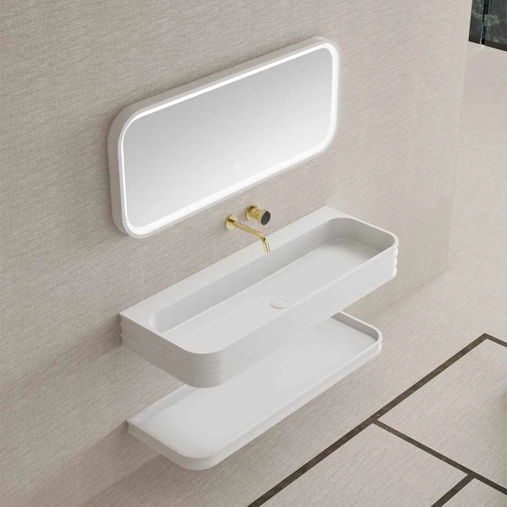 Set mobilier de baie cu lavoar, raft si oglinda, 120 cm, colturi rotunjite, din compozit, alb, MonBlari